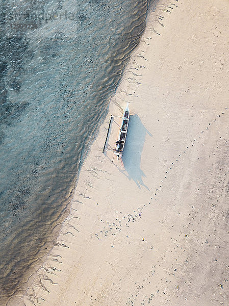 Indonesia  Lombok  Aerial view of banca boat at the beach