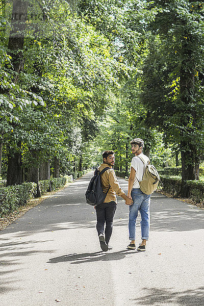 Young gay couple with backpacks walking hand in hand on a road