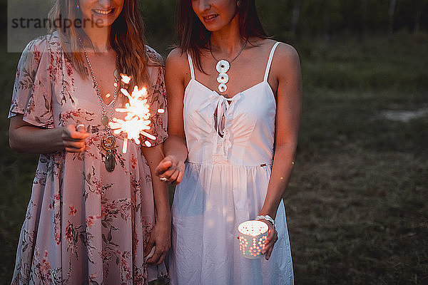 Friends having a picnic in a vinyard  burning sparklers