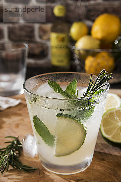 Glass of Gin Tonic with lime  mint  rosmary and ice