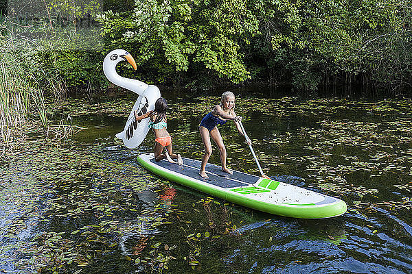 Two girls in a pond with inflatable pool toy in swan shape and SUP board
