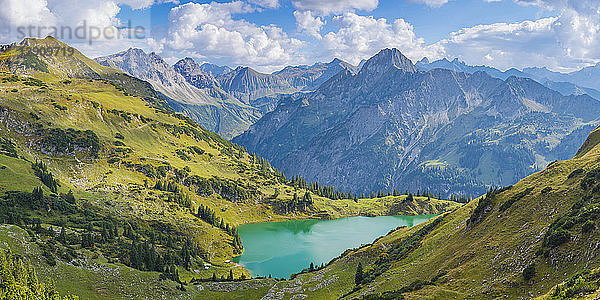 Germany  Bavaria  Allgaeu Alps  Panoramic view to Seealpsee  Oy Valley  f.l. Grosser Wilder  Kleiner Wilder and Hoefats