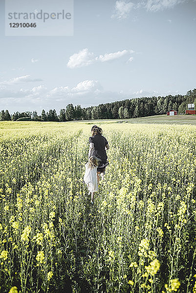 Back view of little girl walking with her mother in rape field