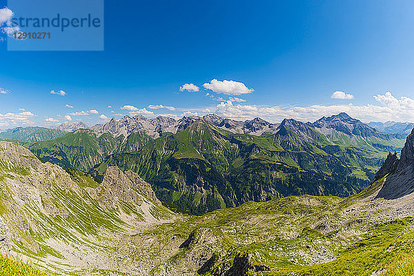 Germany  Bavaria  Allgaeu  Allgaeu Alps  panoramic view of Allgaeu main ridge from Krumbacher Hoehenweg