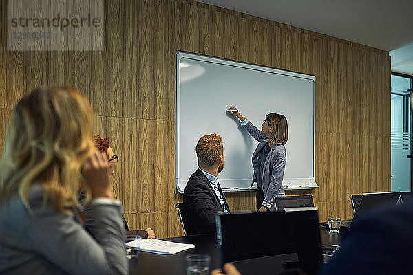 Business people looking at businesswoman writing on whiteboard