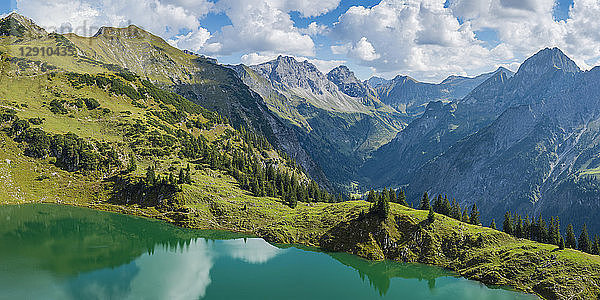 Germany  Bavaria  Allgaeu Alps  Panoramic view to Seealpsee  Oy Valley  f.l. Grosser Wilder  Kleiner Wilder and Hoefats