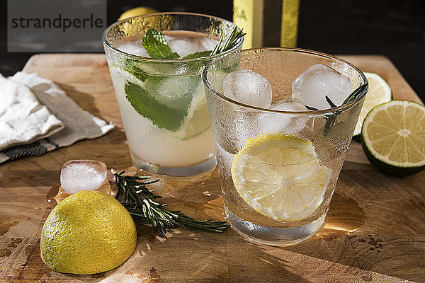 Glasses of Gin Tonic with lime  mint  rosmary and ice and with lemon  rosmary and ice