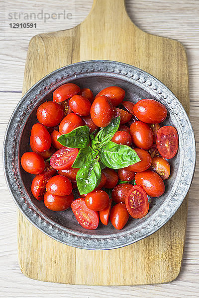Tomatoes and basil in zinc bowl  overhead view