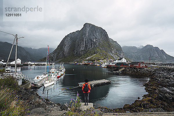 Norway  Lofoten  rear view of man standing at the coast