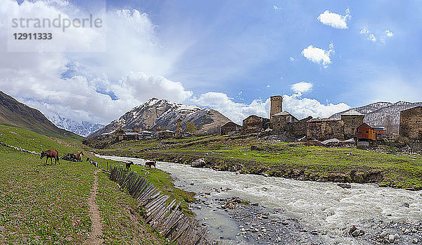 Georgia  Ushguli  Historic denfense towers made from stone at Enguri river