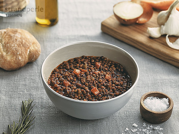 Bowl of lentil soup with carrots