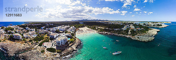 Spain  Mallorca  Portocolom  Aerial view of Punta des Jonc  Bay of Cala Marcal  beach