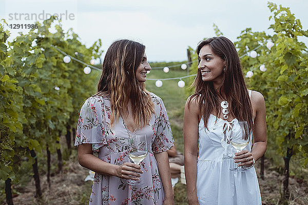 Young women walkig in vineyard  having a picnic  drinking wine