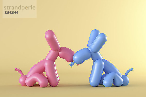 3D Rendering  Two balloon dogs kissing in front of yellow background