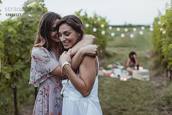 Twin sisters embracing at summer picnic in a vineyard