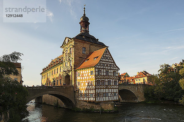 Germany  Bavaria  Upper Franconia  Bamberg  Old townhall  Obere Bruecke and Regnitz river