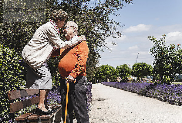 Senior couple having fun in the park  woman standing on bench kissing senior man on forehead