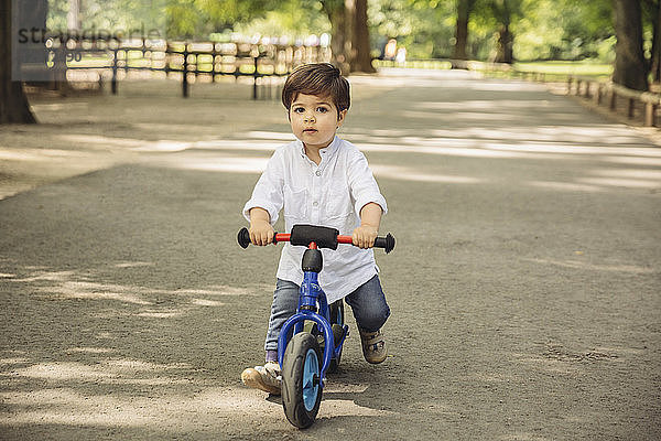 Toddler using a balance bicycle in wild park
