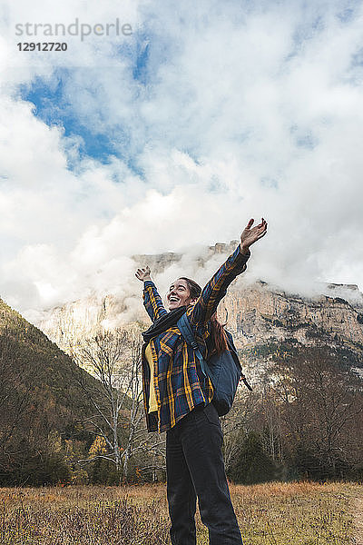 Spain  Ordesa y Monte Perdido National Park  happy woman enjoying freedom