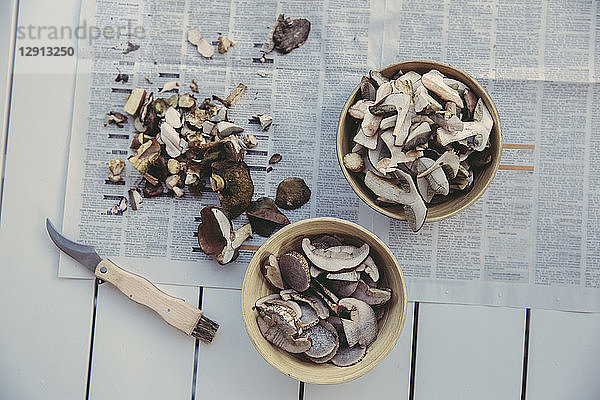 Two bowls of sliced wild mushrooms
