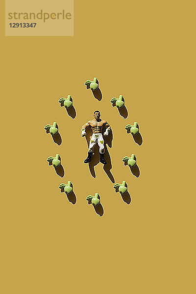 3D Rendering  strong man with green heart wrestler trouser and fake apples