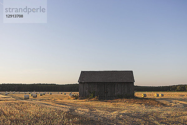Barn on a field at harvesttime in the evening
