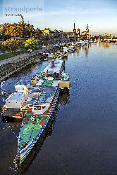 Germany  Saxony  Dresden  city view and Elbe river  ship