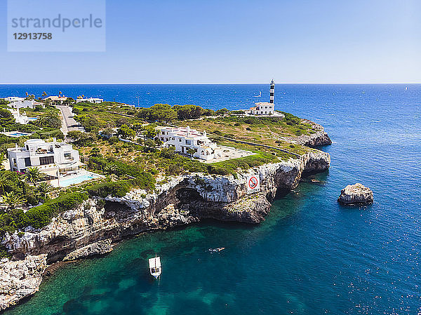 Spain  Mallorca  Portocolom  Punta de ses Crestes  Bay of Portocolom  Lighthouse