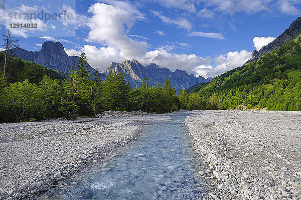 Albania  Kukes County  Albanian Alps  Valbona National Park  Mountains Maja e Thate and Maja Lugut Ujit  Valbona river