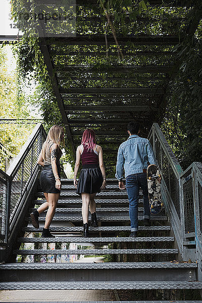 Friends with skateboard walking on stairs outdoors