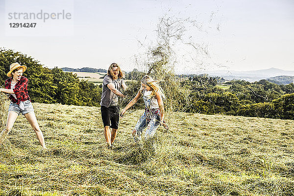 Carefree friends playing with hay in a field