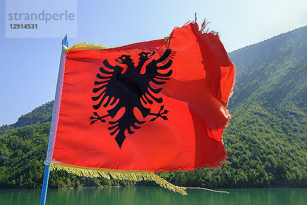 Albania  Shkoder  Koman Lake  Albanian Flag