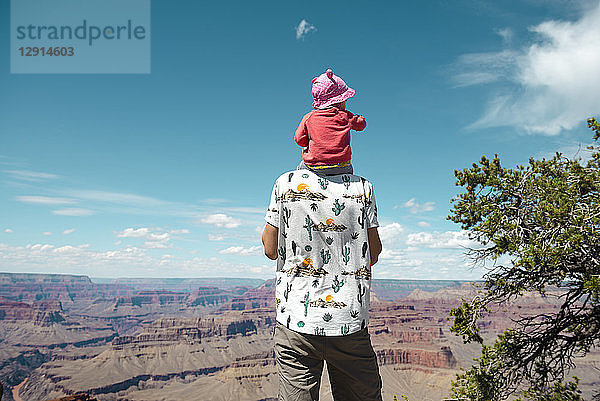 USA  Arizona  Grand Canyon National Park  father and baby girl enjoying the view  carrying on shoulders  rear view