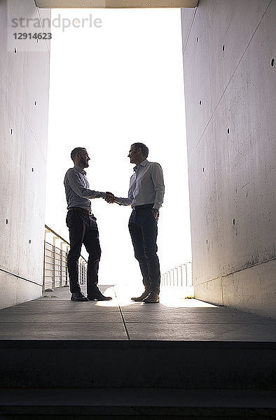 Two businessmen shaking hands in a passageway
