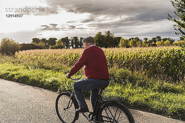 Senior man riding bicycle on country lane