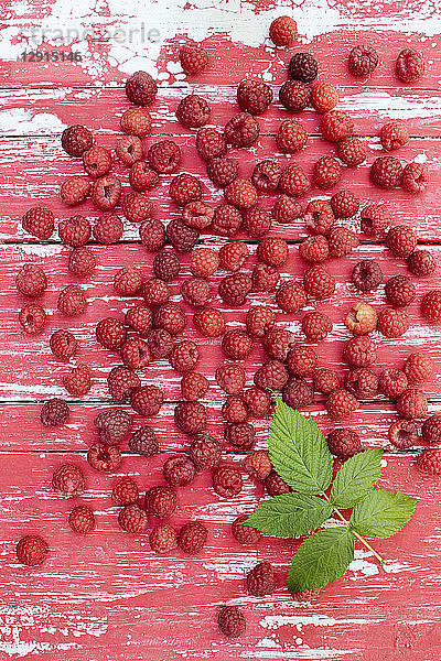 Raspberries and leaf on wood