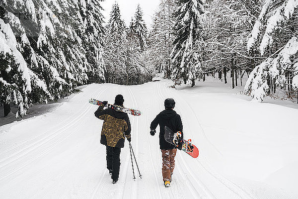 Italy  Modena  Cimone  rear view of couple with skiers and snowboard walking in winter forest