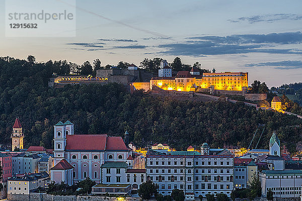 Germany  Bavaria  Passau  Fortress Oberhaus in the evening