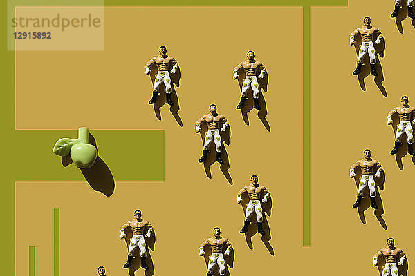 3D Rendering  strong man with green heart wrestler trouser and fake apple  repetition