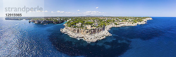 Spain  Balearic Islands  Mallorca  Aerial view of bay Cala Santanyi and Roca Fesa