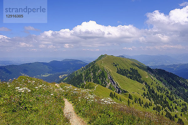 Germany  Bavaria  Allgaeu  Oberallgaeu  Oberstaufen  Allgaeu Alps  View from Hochgrat  Rindalphorn and Gleichenwanger Kopf