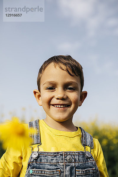 Portrait of happy little boy with picked yellow flower in nature