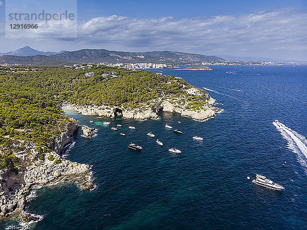 Spain  Mallorca  Calvi  Aerial view of bay Cala Falco and Cala Bella Donna
