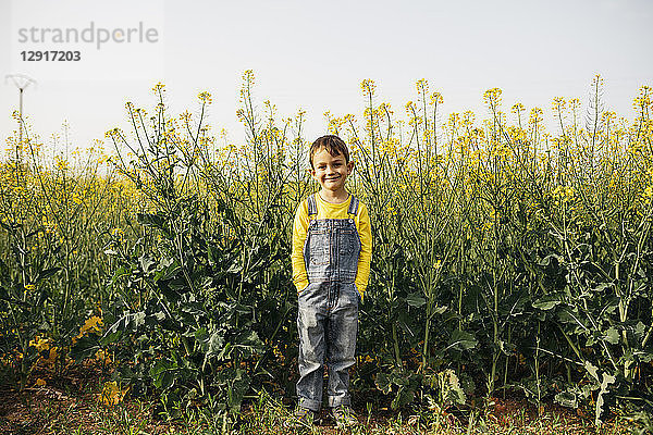 Portrait of smiling little boy standing in front of blooming rape field