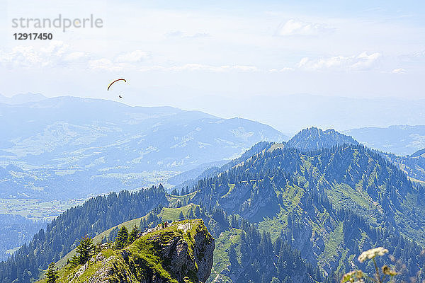 Germany  Bavaria  Allgaeu  Oberallgaeu  Oberstaufen  Allgaeu Alps  View from Hochgrat  Nagelfluhkette  paraglider