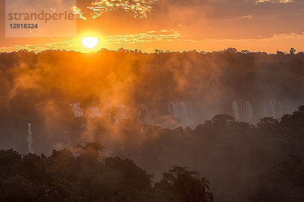 Blick auf den Regenwald  der die Iguazu -Fälle bei Sonnenuntergang umgibt  Parana  Brasilien