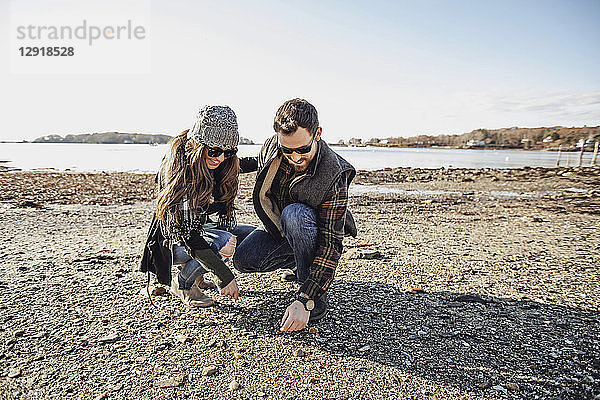Ehepaar sucht am Strand nach Seeglas  Peaks Island  Maine  USA