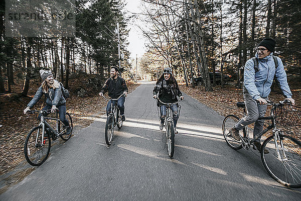 Eine Gruppe von Freunden fährt gemeinsam auf Fahrrädern die Landstraße hinunter  Peaks Island  Maine  USA