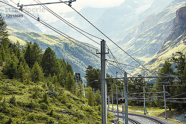 Berglandschaft mit Wald und Gondelbahnen im Sommer  Zermatt  Wallis  Schweiz