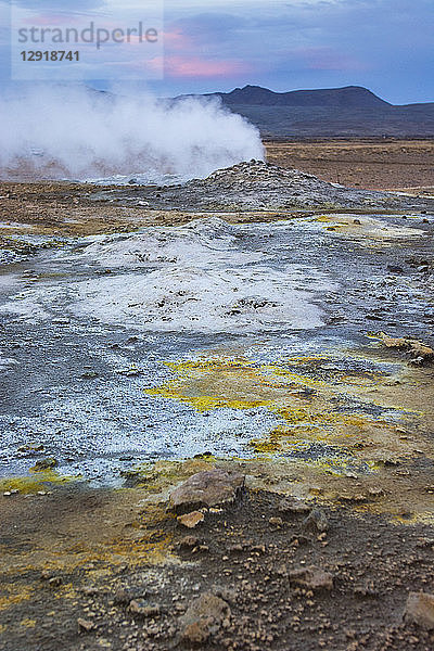 Eine aktive Dampfquelle spuckt Schwefel und andere giftige Gase in Form von Dämpfen aus  die den Boden um sie herum blau und leuchtend gelb gefärbt haben  im Hverarˆšˆ'ndor Hverir Geothermalgebiet am Namaskard-Pass  Nordisland.